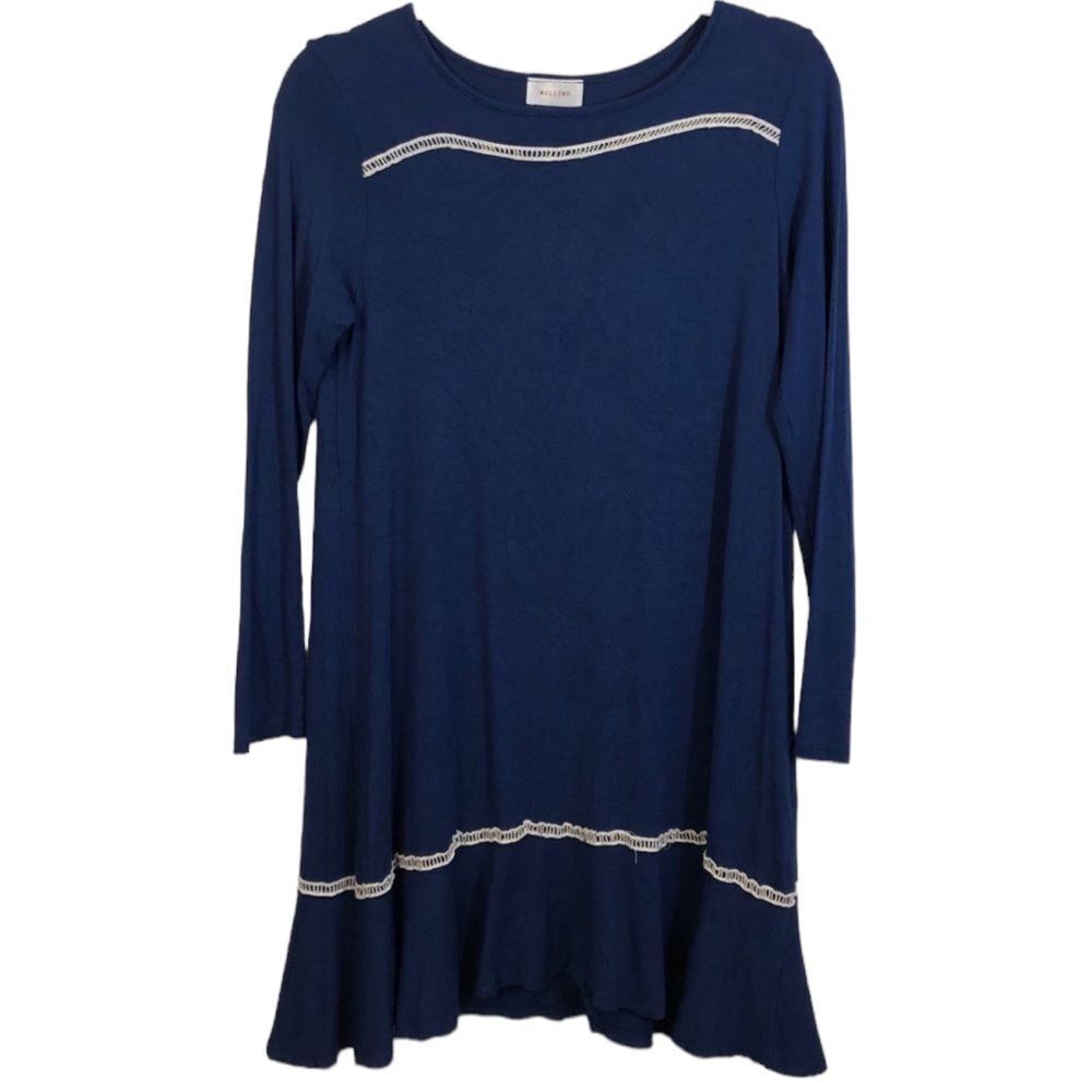 Bellino Dress; blue dress with ivory crochet trim, large (see measurements)